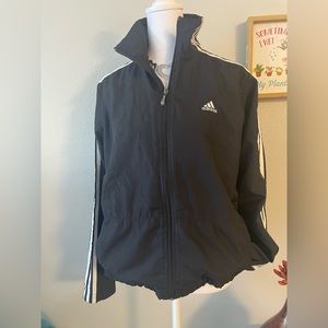 Adidas Black Women’s Track Jacket full Zip Up. Wind breaker White Stripe -Sz L